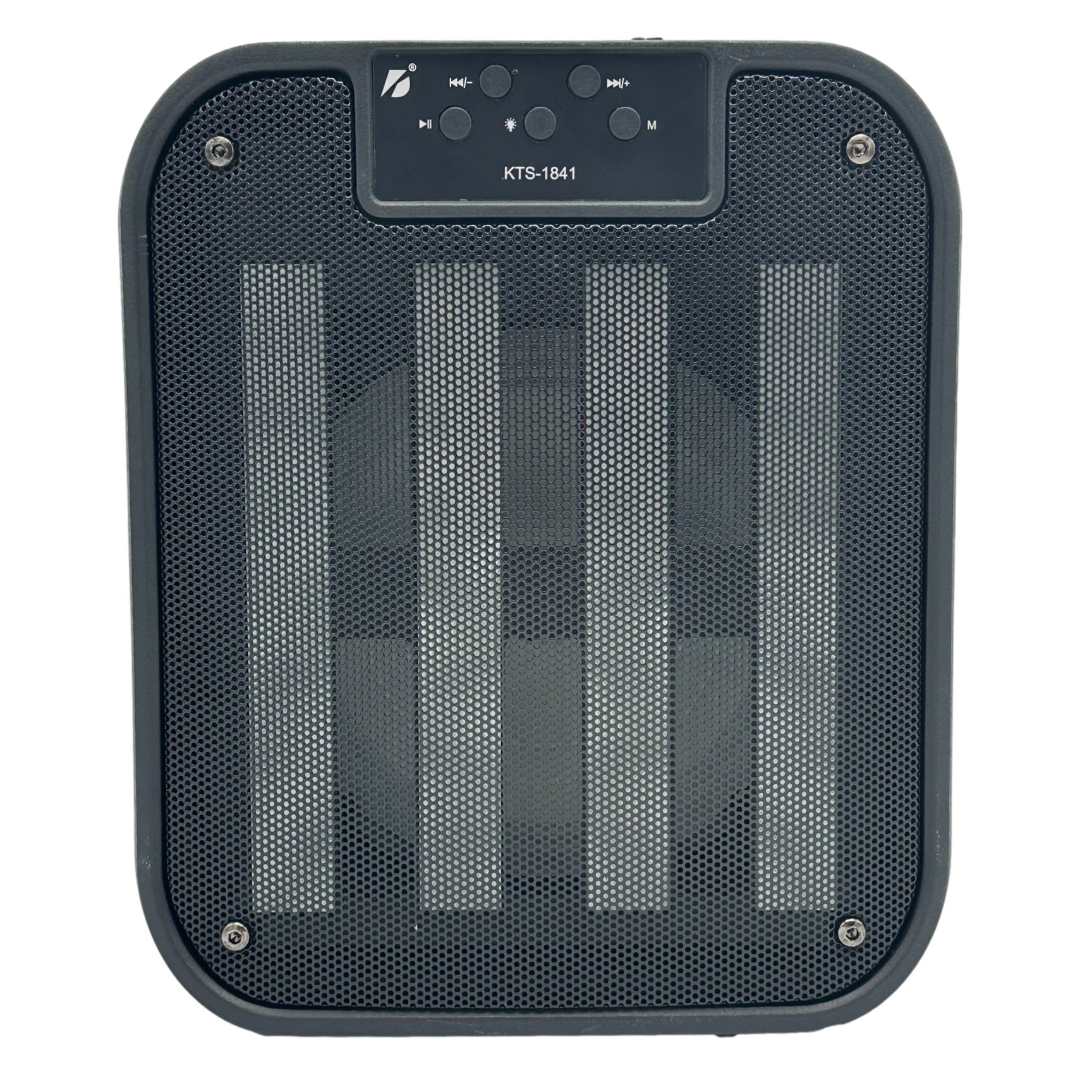 Black portable speaker with perforated metal grill.